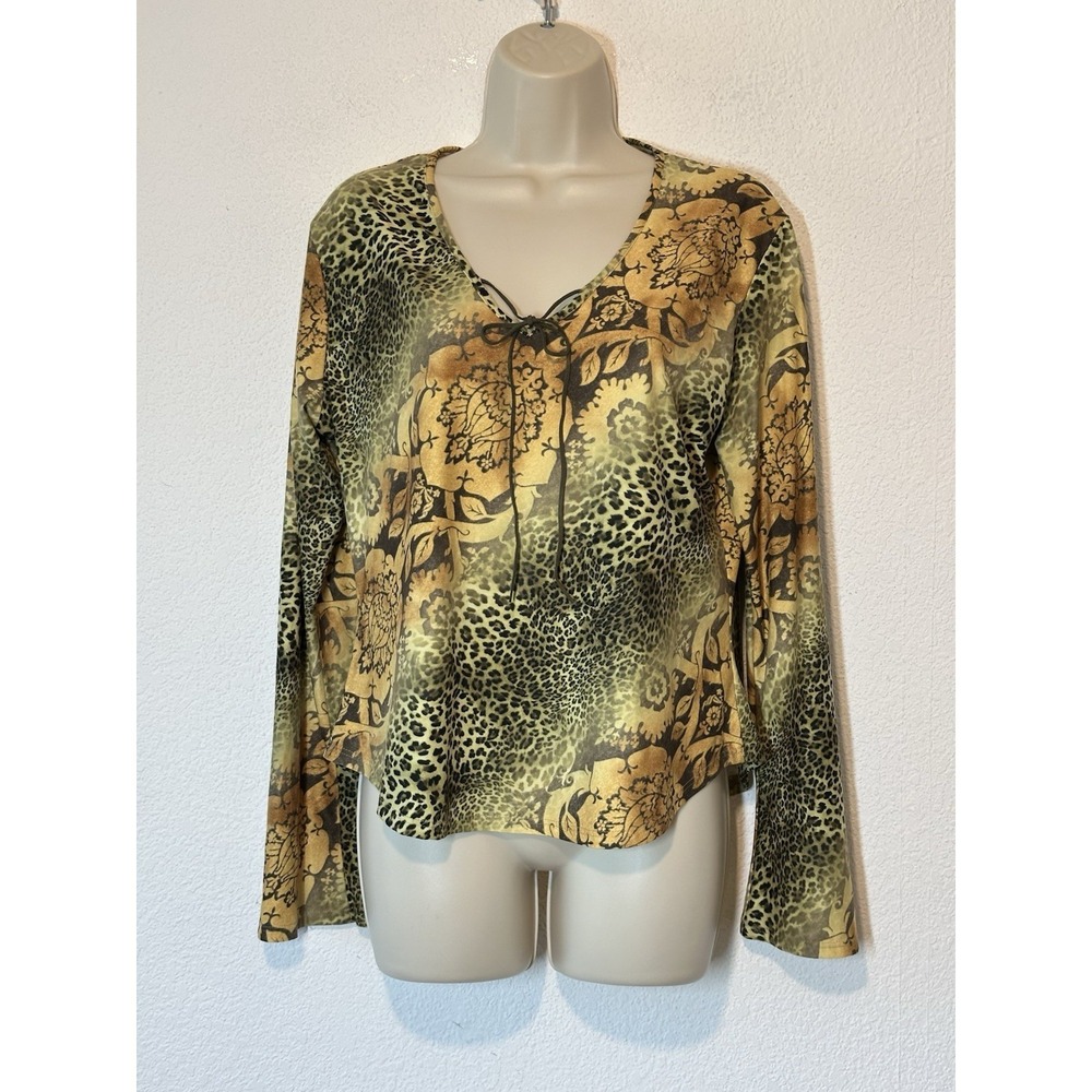 Vintage 90s Y2K Womens Top Large Faux Suede Flare Sleeve BohoHippie Forest Fairy